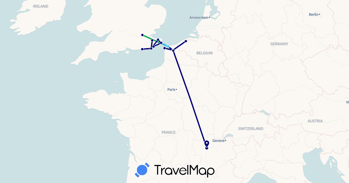 TravelMap itinerary: driving, bus, boat in Belgium, France, United Kingdom (Europe)